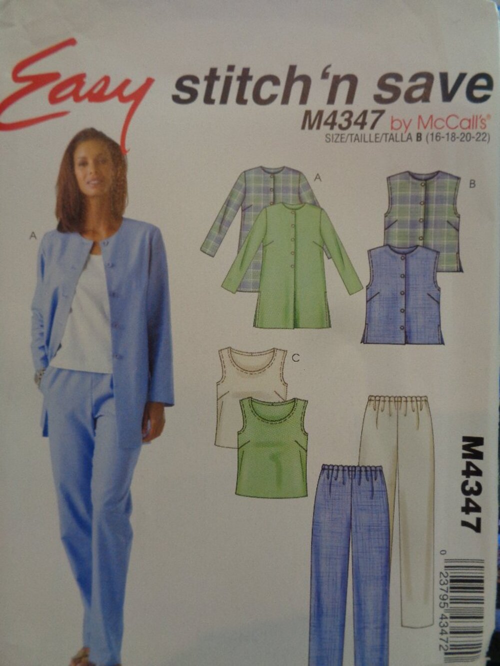 McCall's Stitch 'n Save Sewing Pattern M4347 Misses' Jacket Vest Top Pants 16-22